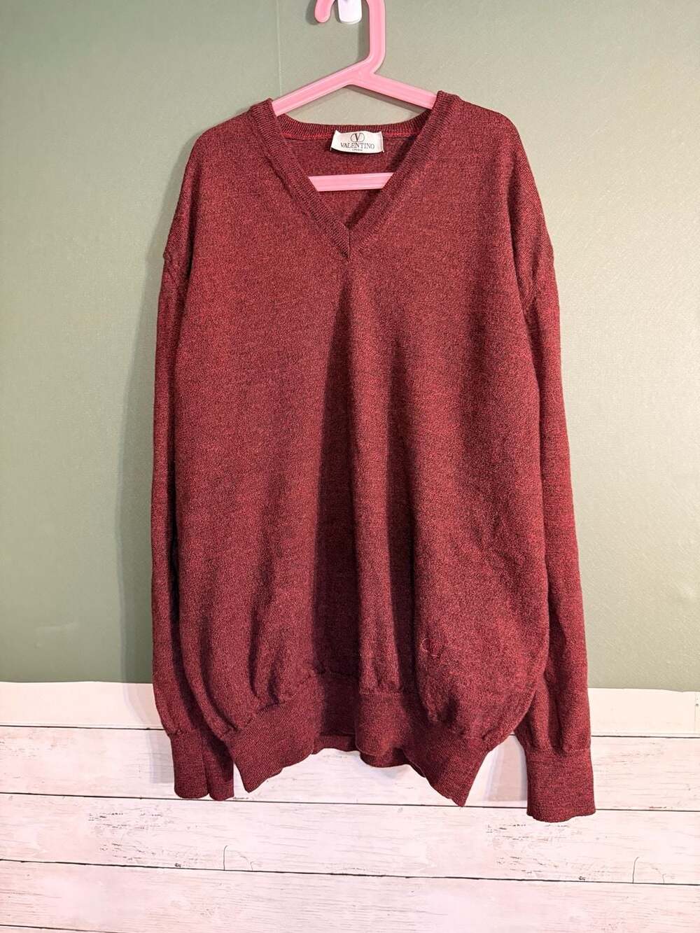 Valentino Studio Vintage Burgundy V-Neck Merino‎ Wool Sweater Size XXL Old Money